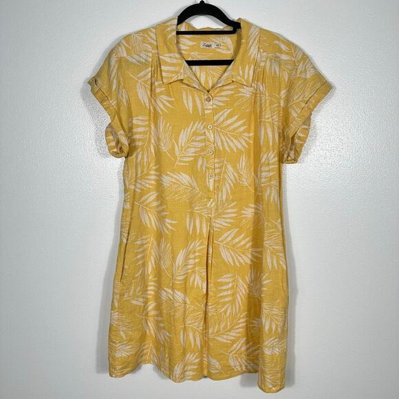 Faherty Dress Hana Linen Palm Sun Sundress Short Sleeve Collared Yellow White M - Picture 2 of 10